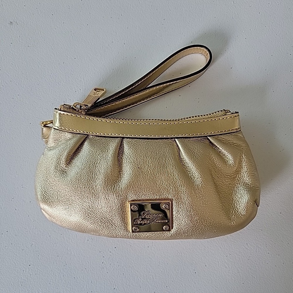 Lauren Ralph Lauren Wristlet Gold Metallic Leather Chic Glam‎ Luxury Statement